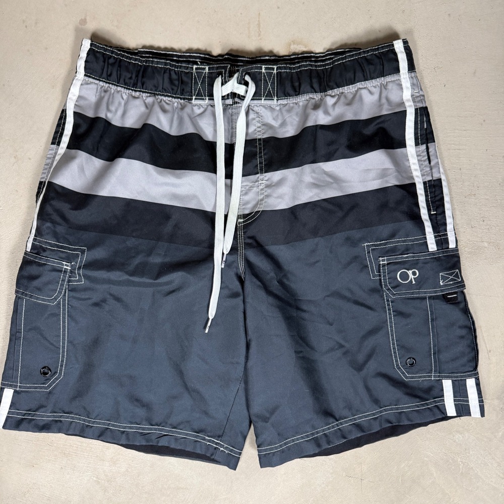 OP Ocean Pacific Mens Board Shorts L 36-38 Gray Black Striped Cargo Swim Trunks